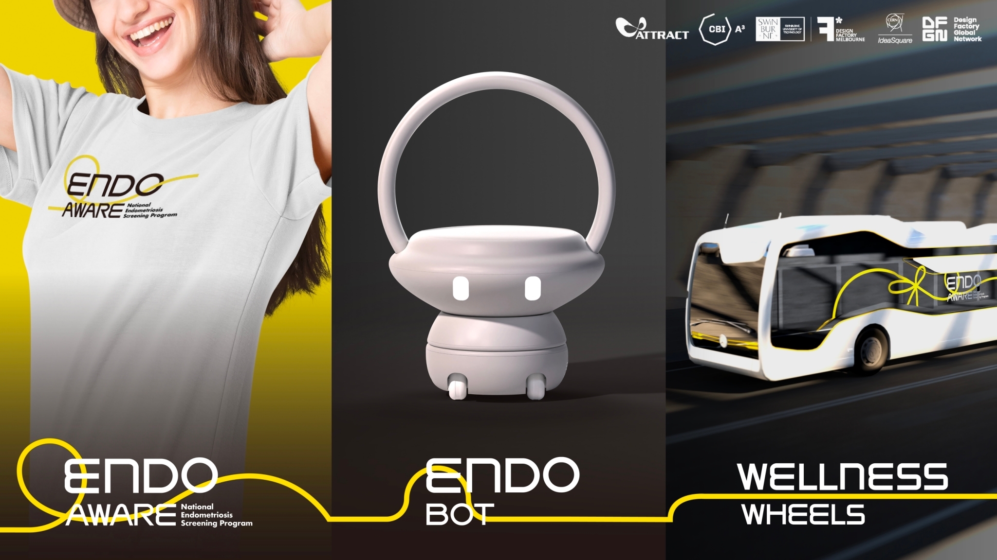 Hao-Wei Du designed three solutions for Endometriosis in women, including an Endometriosis scanning robot (center), the Wellness Bus (right), and the Endometriosis screening education program (left).