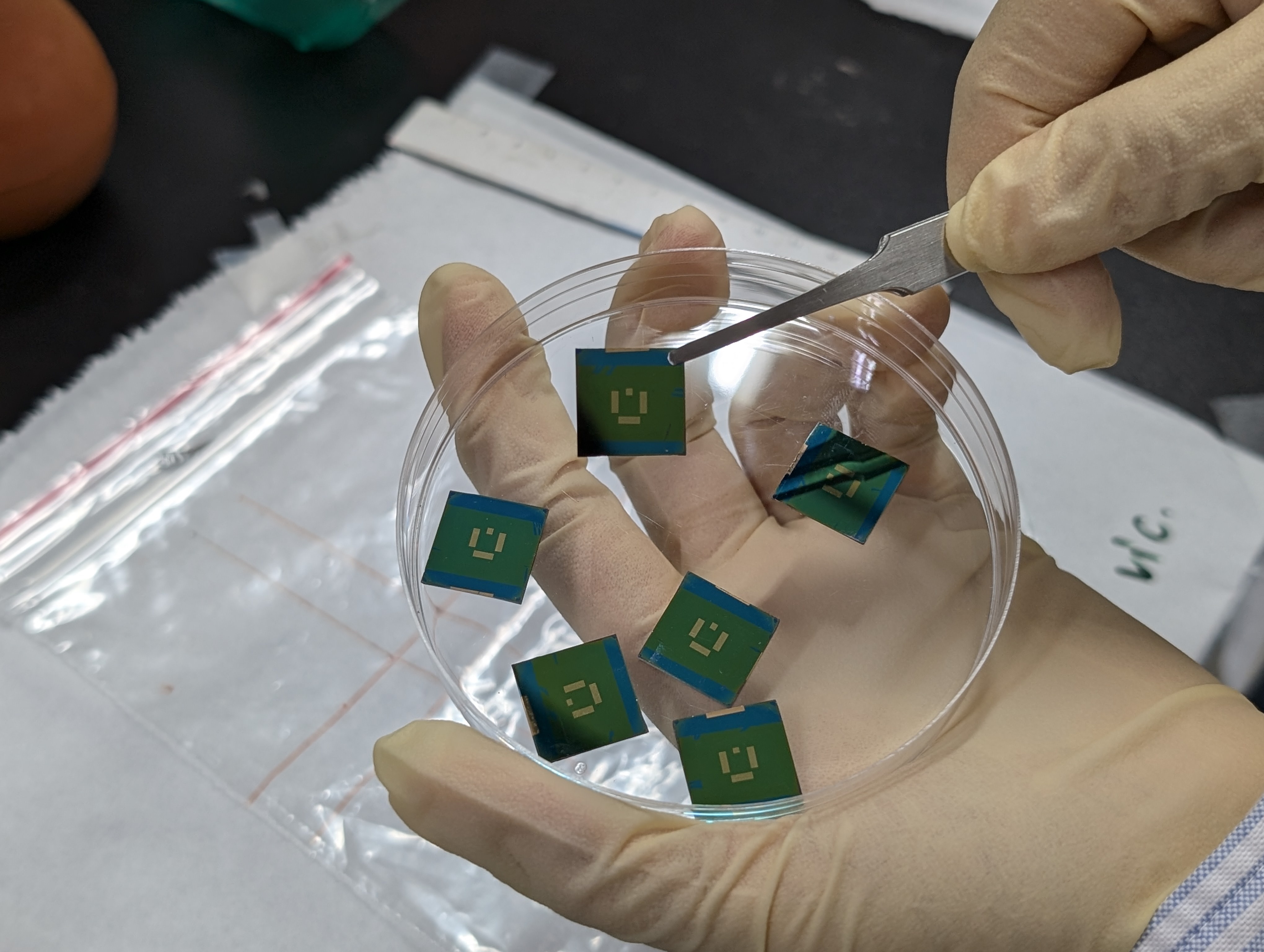 First-year graduate students at Taiwan Tech examine polymer semiconductor transistor devices in the laboratory.