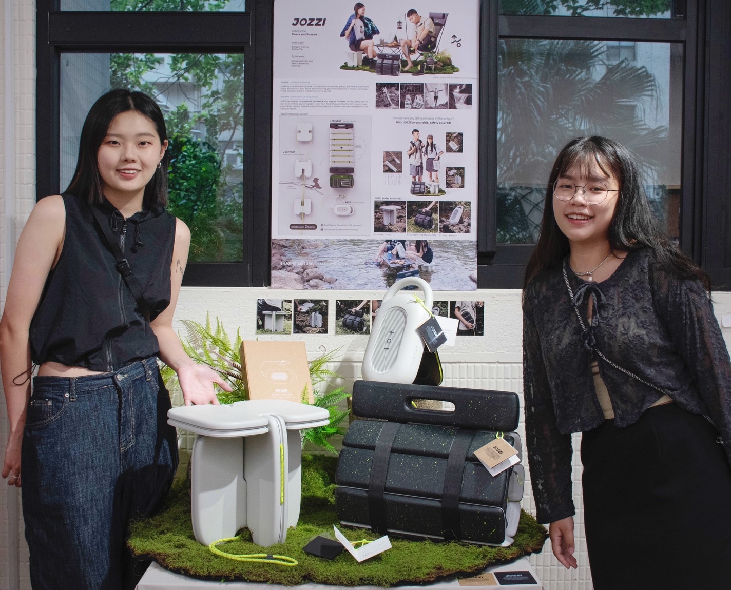 Industrial design students Jie-Xi He (right) and Yu-Xuan Zhang (left) combined lifesaving equipment with recreational products in their designs to enhance the safety of water activities.