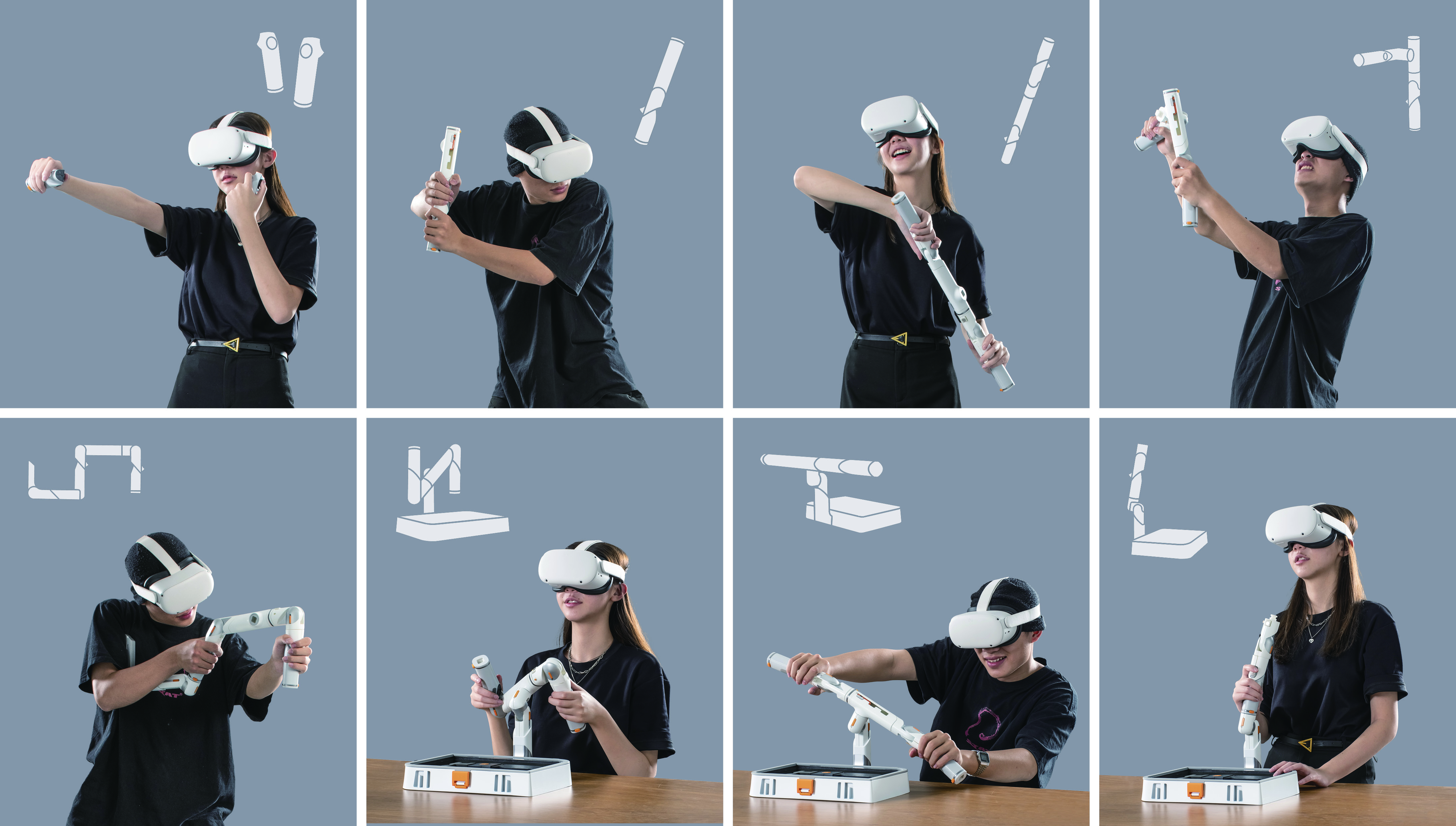 The “Virtual Reality Multi-Purpose Controller” (Unitstick) can be rapidly configured into eight distinct forms to adapt to a variety of VR gaming scenarios.