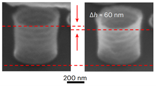 Under an electron microscope, the height difference of the metal nanotubes before and after micro-compression is approximately 60 nanometers.