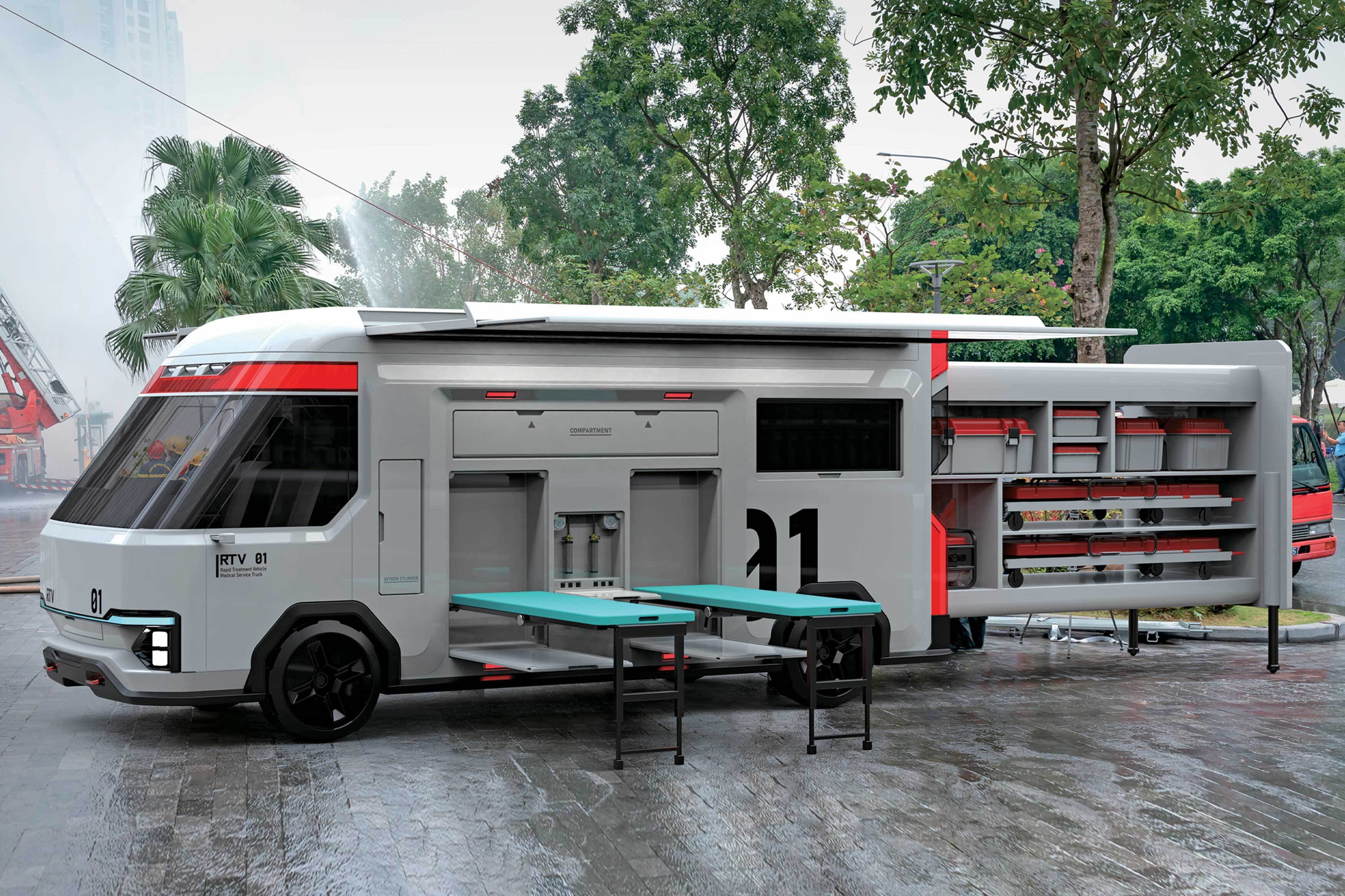 The “RTV-Rapid Treatment Vehicle” allows paramedics to quickly access equipment from the expandable rear compartment without the need to enter the vehicle. The design also includes adjustable patient beds to accommodate different types of emergency care and features a signaling system to display the patient's condition.