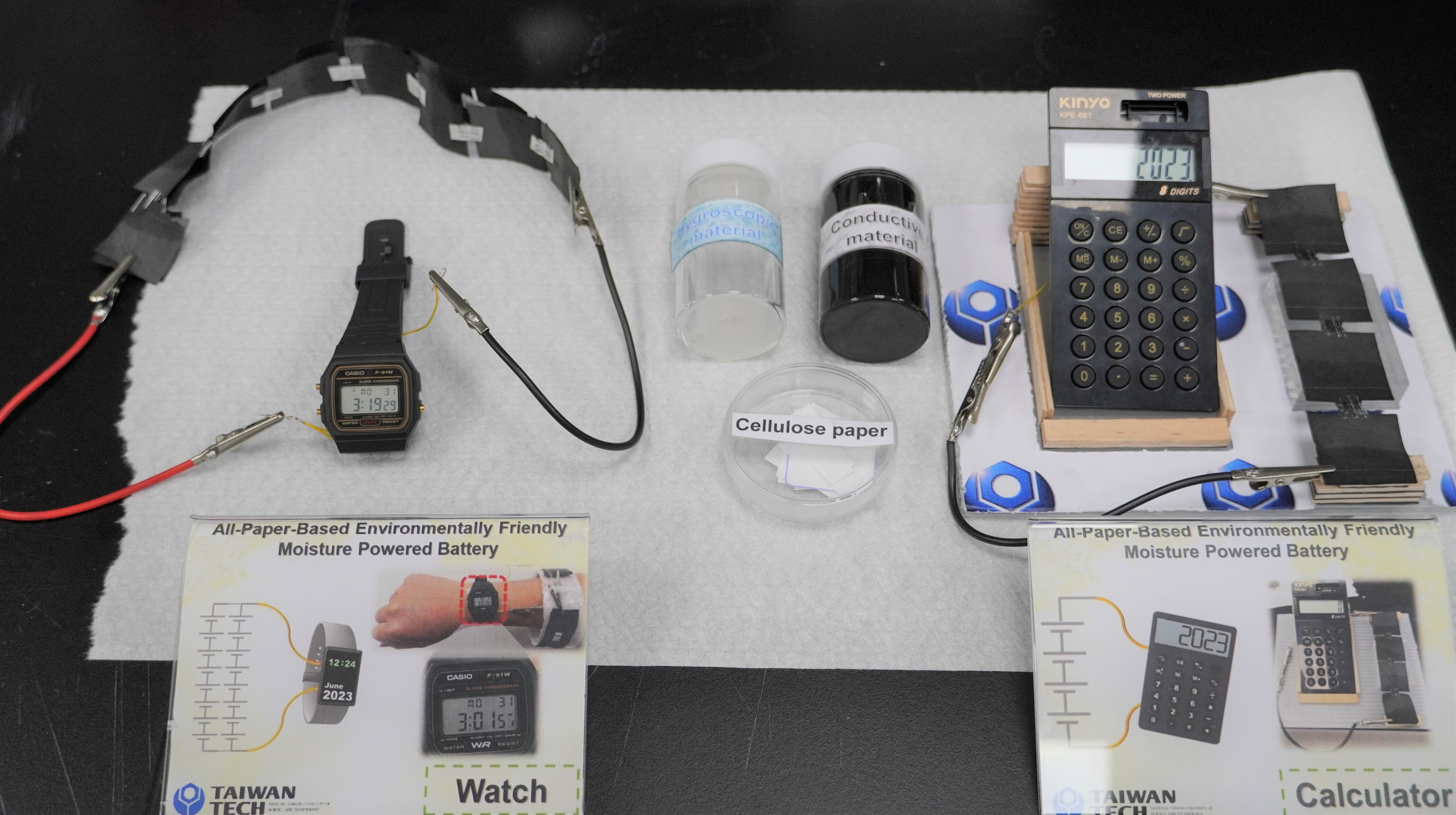 The "Paper-Based Environmental Moisture Absorbing Power Generating Battery" demonstrates the capability to power common electronic devices such as electronic calculators and wristwatches.